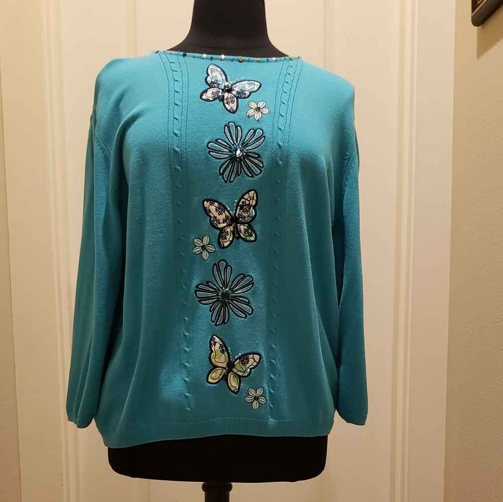 Alfrd Dunner Womens Butterfly Embellished Teal Sweater